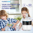 Two children with a Crystal Oasis water filter and container in a kitchen setting.