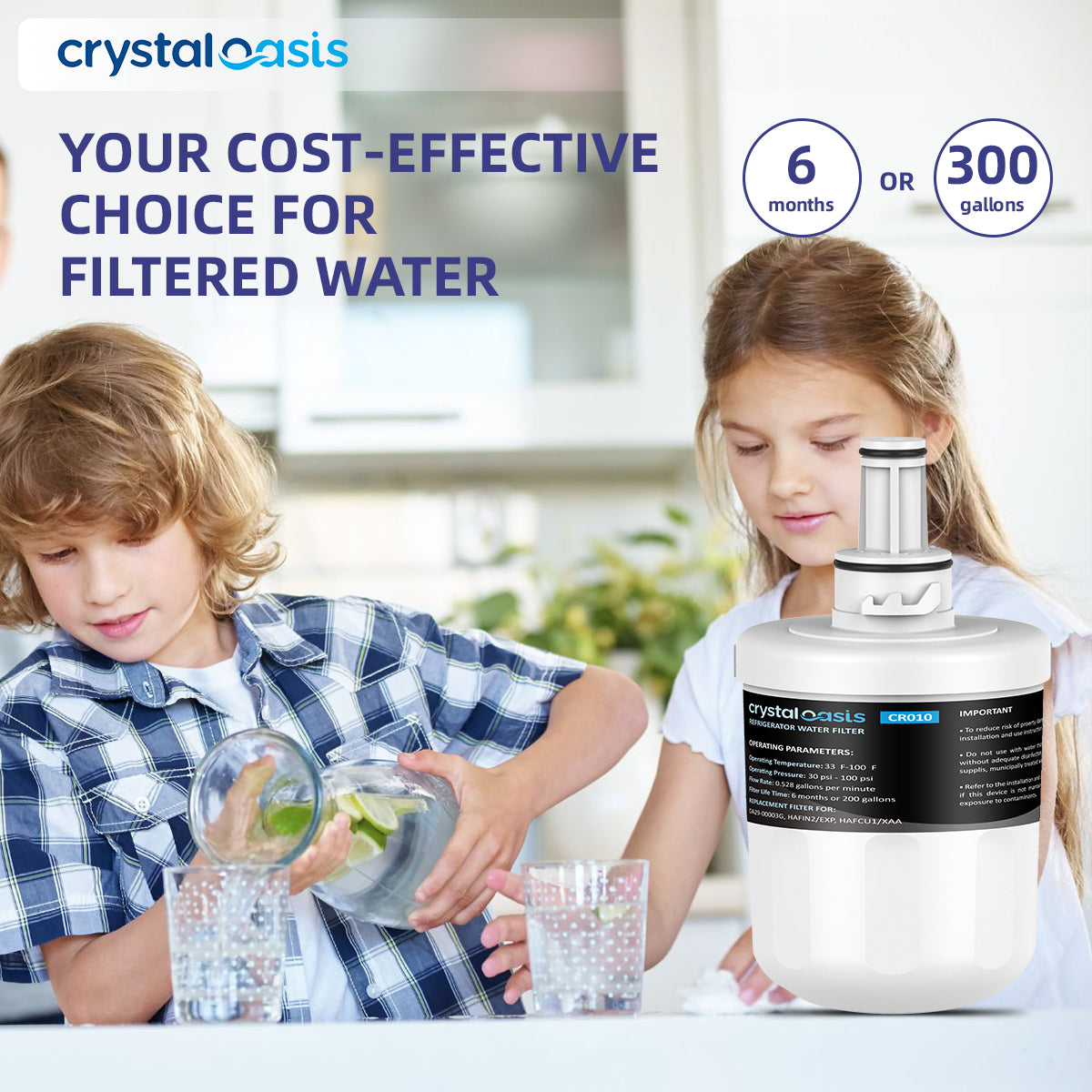 Two children with a Crystal Oasis water filter and container in a kitchen setting.