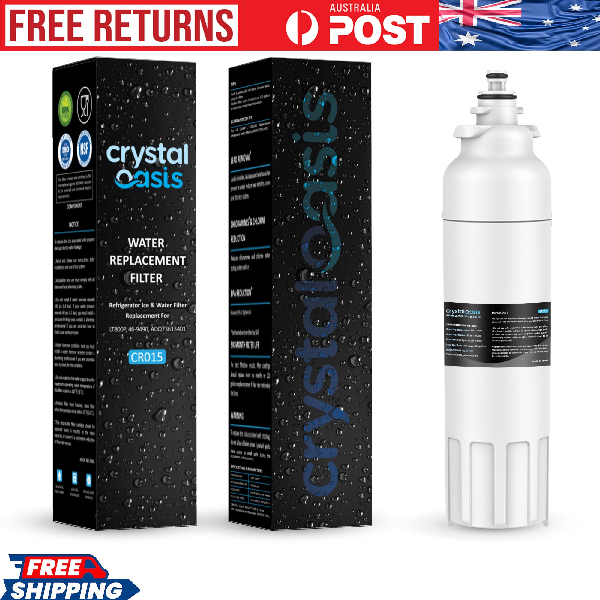 CRYSTAL OASIS CR015 LG Water Filter LT800P | Compatible ADQ73613401, ADQ73613402, ADQ73613408, ADQ75795104