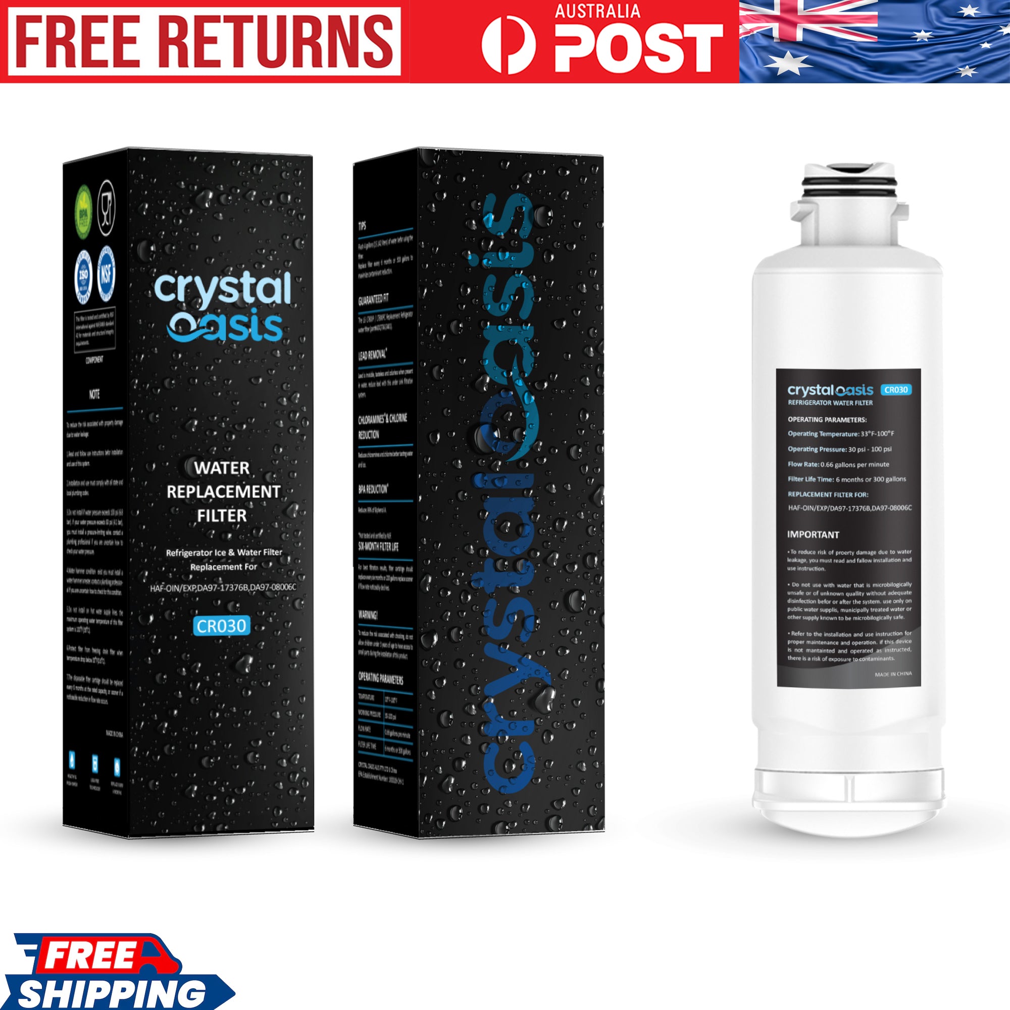 CRYSTAL OASIS CR030 | Fridge Water Filter Replacement for Samsung DA97-17376B, DA97-08006C, HAF-Qin