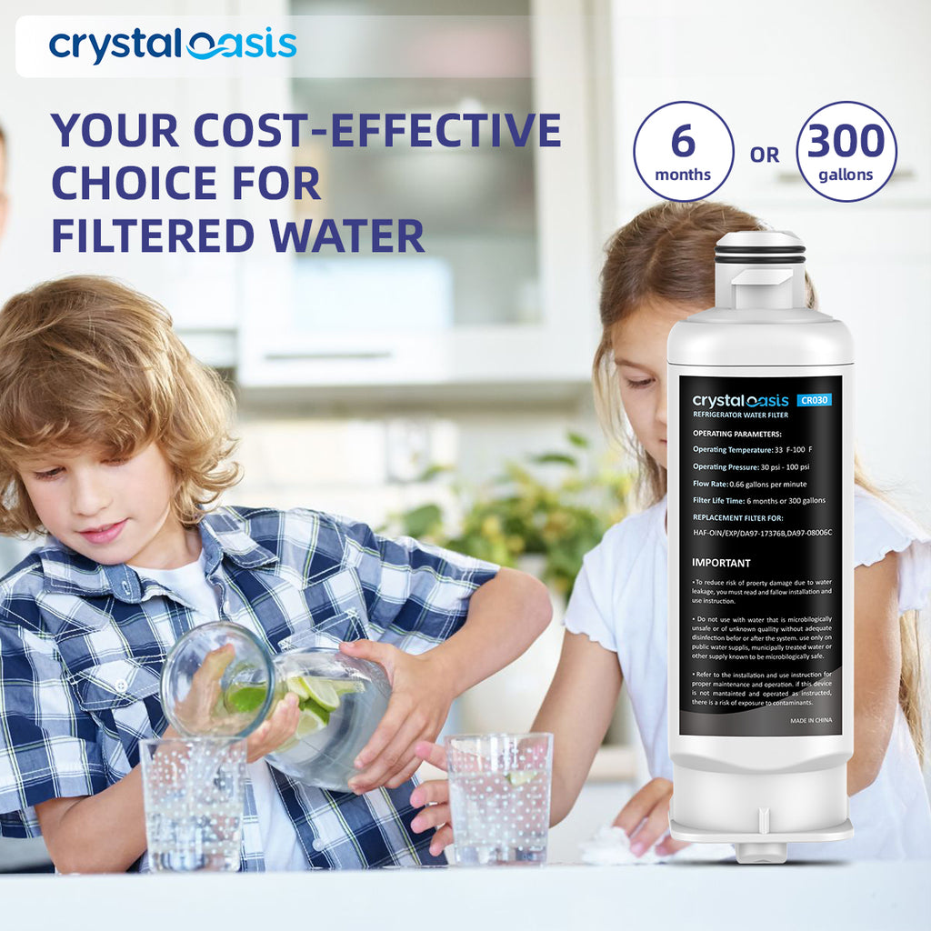 Children with glasses of water and a Crystal Oasis water filter cartridge in a kitchen setting.