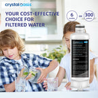 Children with glasses of water and a Crystal Oasis water filter cartridge in a kitchen setting.