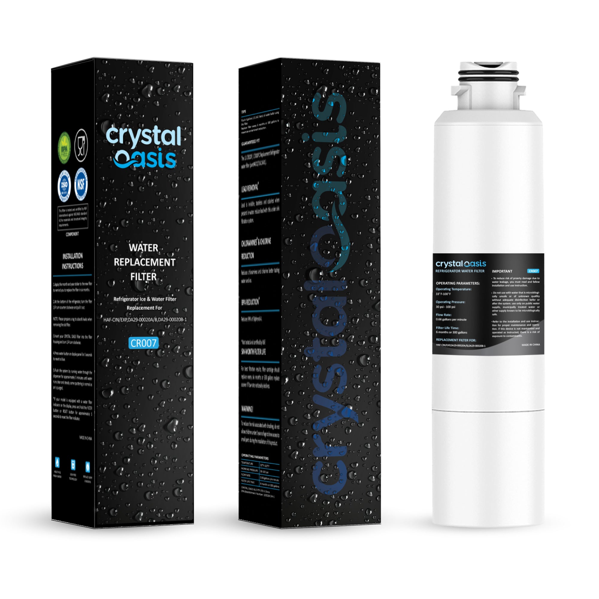 CRYSTAL OASIS CR007 Fridge Water Filter Compatible with DA29-00020B Samsung, DA97-08006A Samsung, HAF-CIN/EXP Samsung, DA29-00020B-1 Samsung, DA97-08006A-1. Replacement for RF28HMEDBSR, RF263BEAESR, RF4287HARS, RF28K9380SR, RF28HFEDTSR