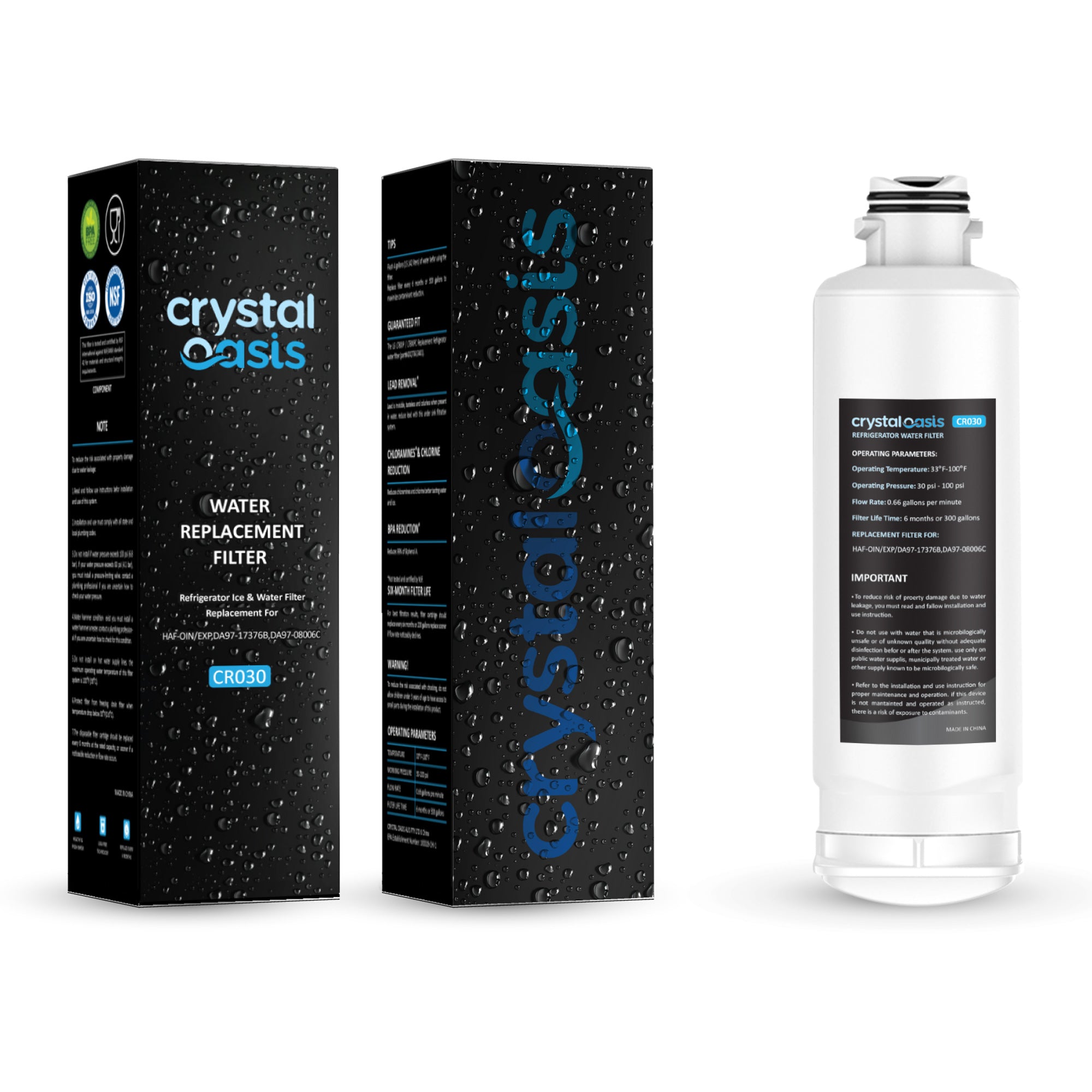 CRYSTAL OASIS CR030 Fridge Water Filter, Compatible with Samsung DA97-17376B, DA97-08006C, HAF-Qin, HAF-Qin/EXP, SRF630BFH2, SRF644CDLS, SRF645CDBLS, SRF7500SB, SRF7300SA, SRF7500BB, SRF9700BFH
