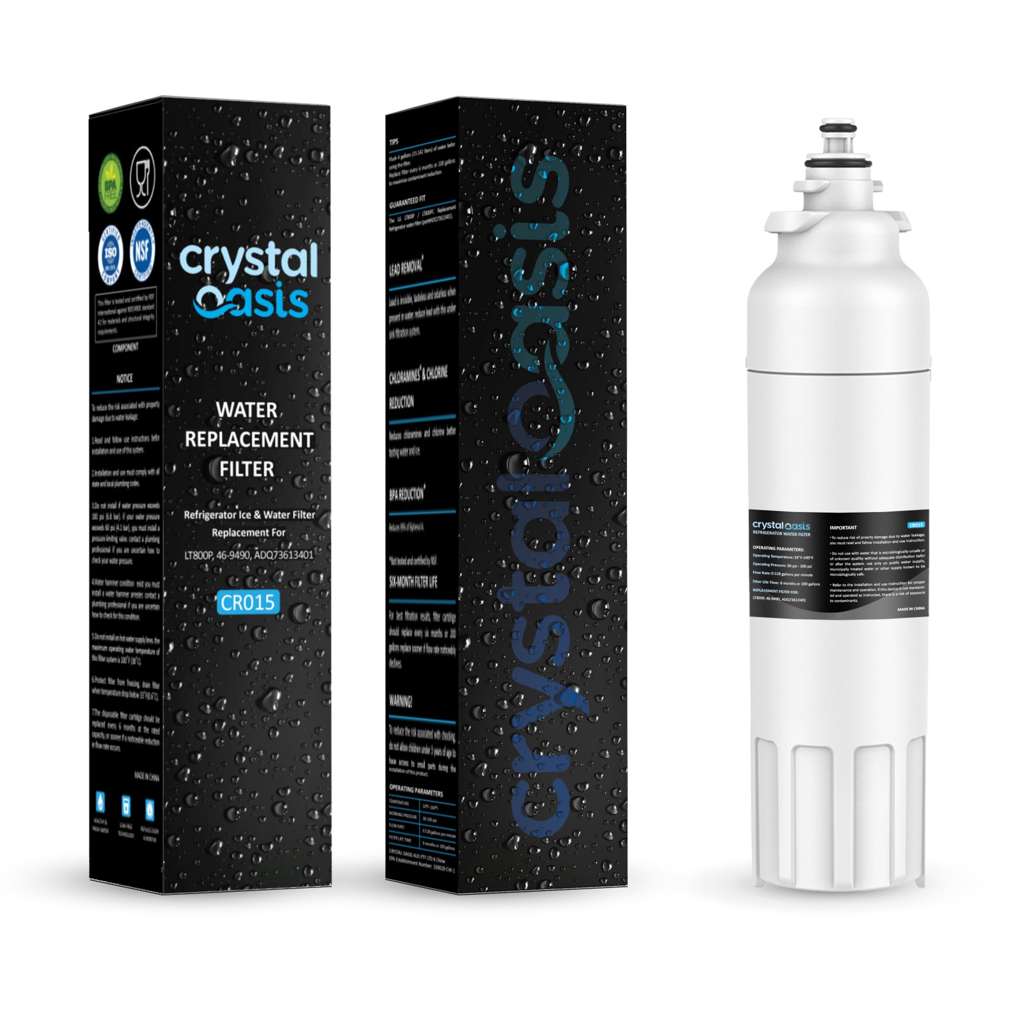 •	CRYSTAL OASIS CR015 Fridge Water Filter Replacement for LG LT800P, ADQ73613401, ADQ73613402, ADQ73613408, ADQ75795104, Kenmore 9490, 46-9490.