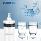 Crystal Oasis water filter with two glasses of water on a blue background